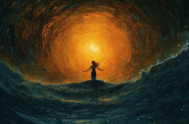 长发女人背影在水中看着夜空中的满月,插画/手绘图,插画/手绘图库,插画/手绘图下载,插画/手绘